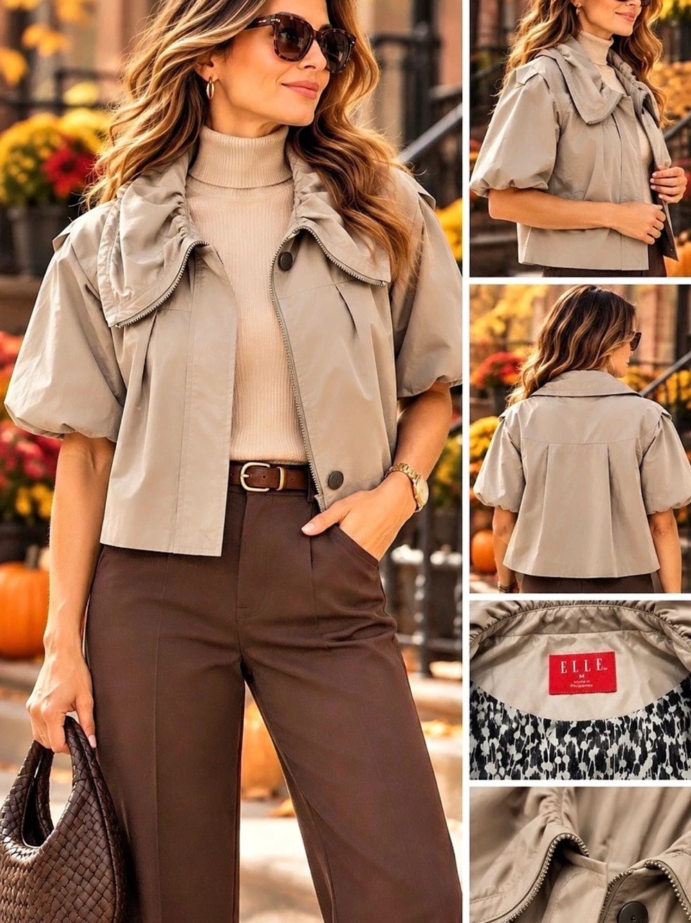 ELLE Cropped Jacket Women’s M Gray Puff Sleeve Statement Collar